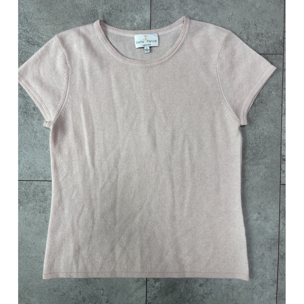 Belle France 100% Cashmere Women's L Pink Short Sleeve Sweater Quiet Luxury